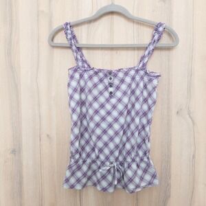 Y2K Mudd Womens Top Size M Purple Plaid Smocked Peplum Indie‎ Boho Retro Casual
